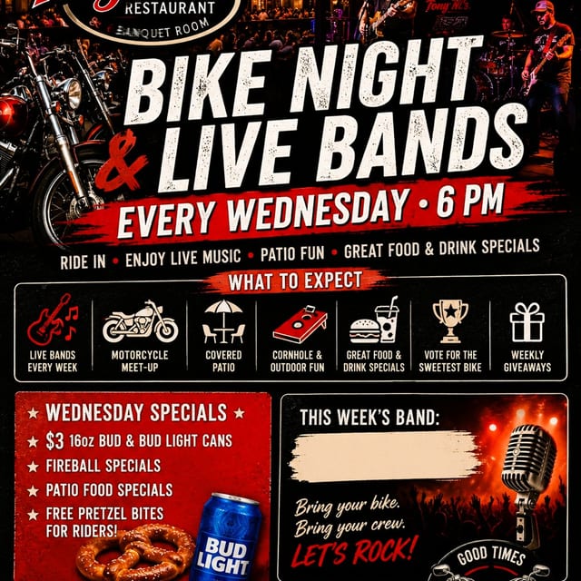 Wednesday's Live bands and bike night 