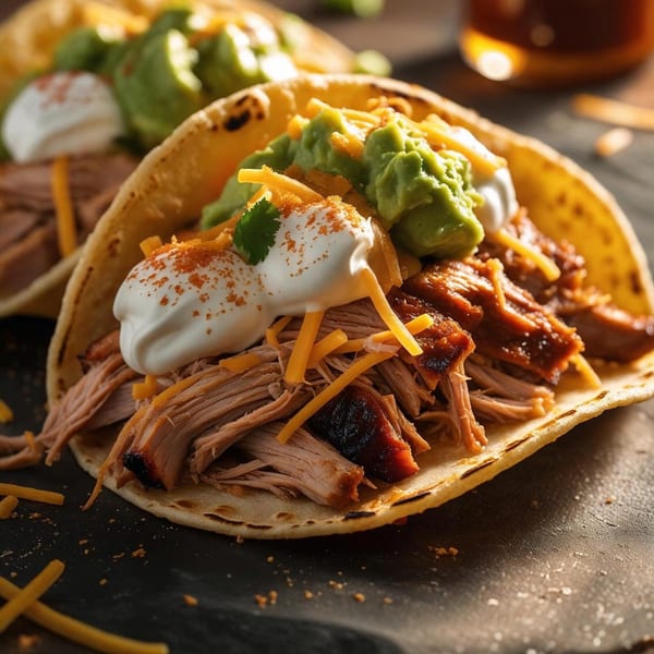 Close-up of a taco filled with pulled pork, shredded cheese, guacamole, and sour cream.